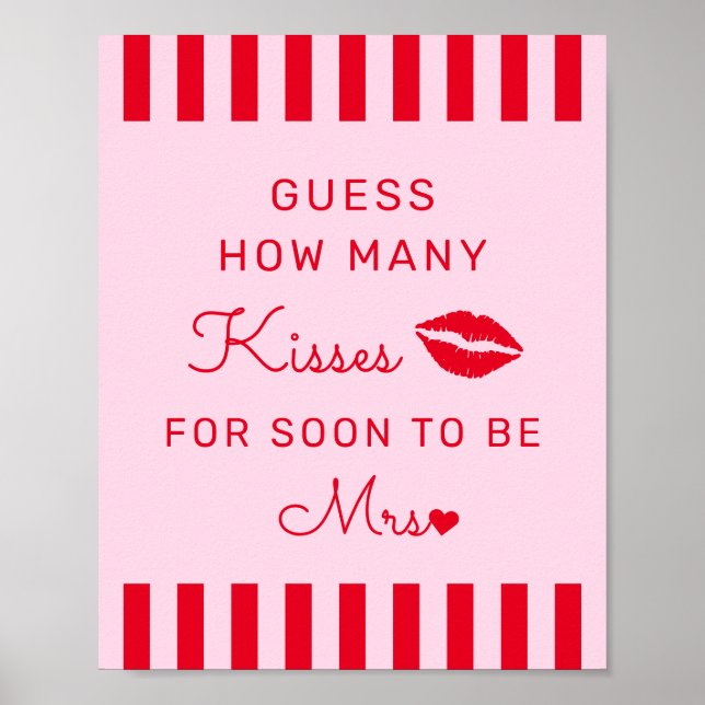 Retro Red & Pink Guess How Many Kisses Game Sign (Front)