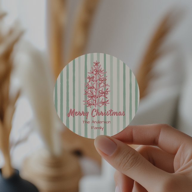 Retro Red Pink Hand Drawn Bows Tree Christmas Classic Round Sticker (Creator Uploaded)