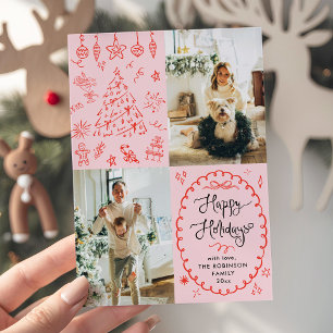Retro Red Pink Hand Drawn Happy Holidays 2 Photo Holiday Card