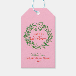 Retro Red Pink Hand Drawn Ribbon Wreath Christmas Gift Tags