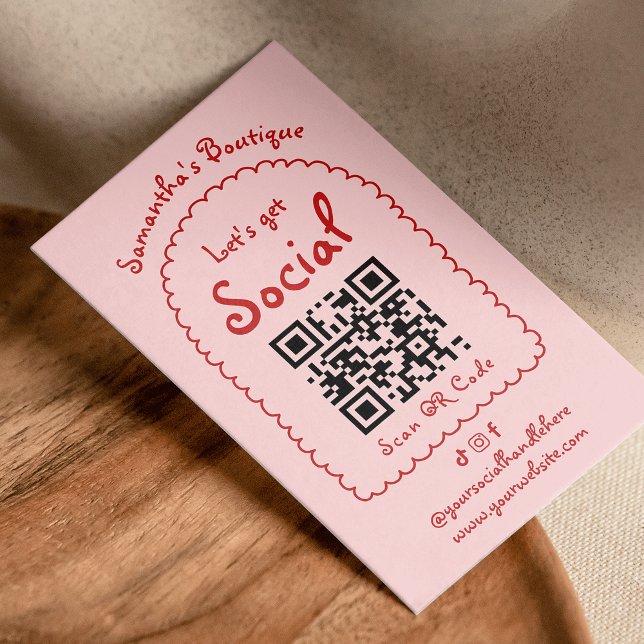 Retro Red Pink Handwritten Girly Whimsical QR Code Business Card (Hand drawn whimsical blush pink and red QR code business cards - use it for your socials or website)