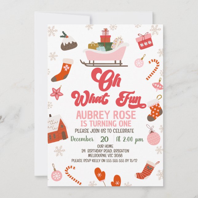 Retro Red Pink Oh What Fun Christmas 1st Birthday Invitation (Front)