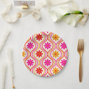 Retro Red Pink Orange Flowers on Ogee Pattern Paper Plate