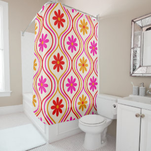 Retro Red Pink Orange Flowers on Ogee Pattern Shower Curtain