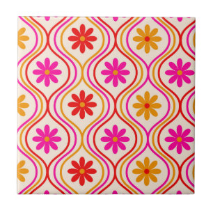 Retro Red Pink Orange Flowers on Ogee Pattern  Tile