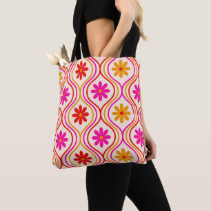 Retro Red Pink Orange Flowers on Ogee Pattern  Tote Bag