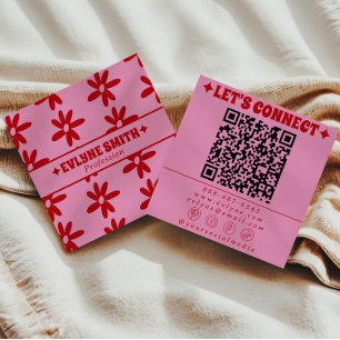Retro Red Pink QR Code Groovy Floral Girly Trendy Square Business Card