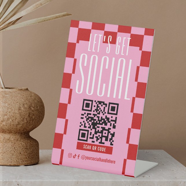 Retro Red & Pink Social Media Scannable QR Code Pedestal Sign (Creator Uploaded)