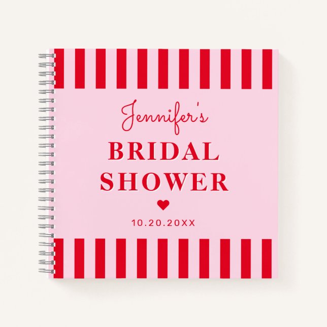 Retro Red & Pink Stripes Bridal Shower Guestbook Notebook (Front)