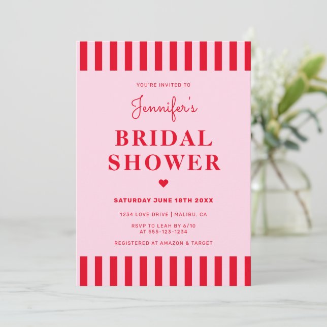 Retro Red & Pink Stripes Bridal Shower Invitation (Standing Front)