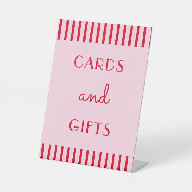 Retro Red & Pink Stripes Cards & Gifts Pedestal Sign (Front)