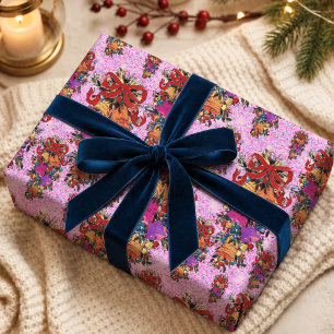 Retro Red Pink Vintage Holiday Bow Wrapping Paper