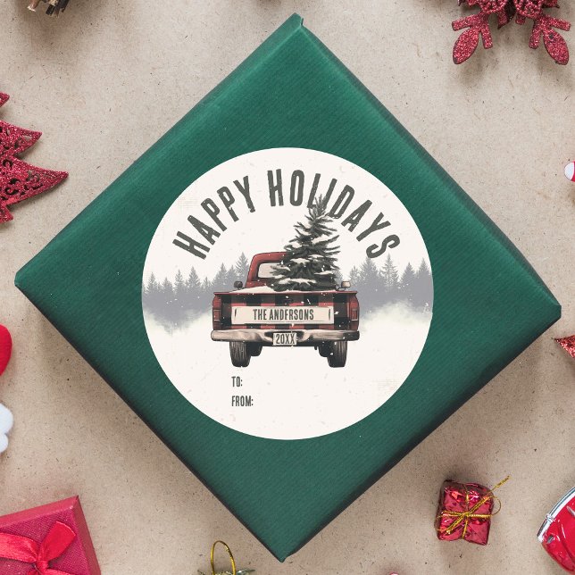 Retro Red Plaid Christmas Truck Custom Family Name Classic Round Sticker (Creator Uploaded)