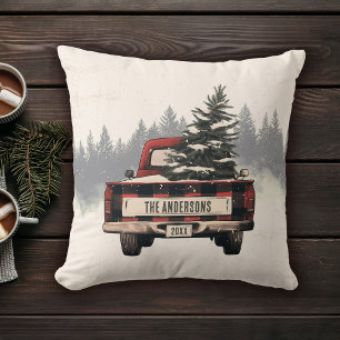 Retro Red Plaid Christmas Truck Custom Family Name Cushion