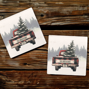 Retro Red Plaid Christmas Truck Custom Family Name Glass Coaster
