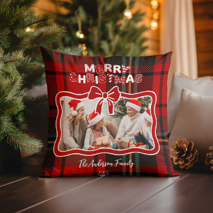 Retro Red Plaid Whimsical Christmas Cushion