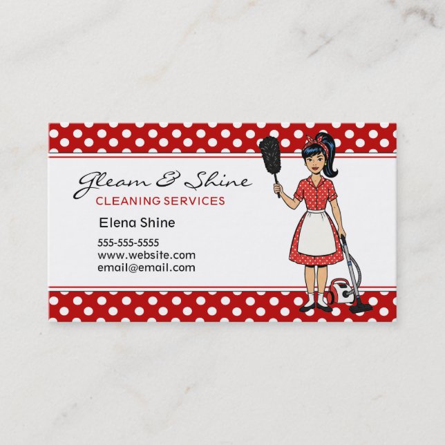Retro Red Polka Dot Cleaner Cleaning Lady Service Business Card (Front)