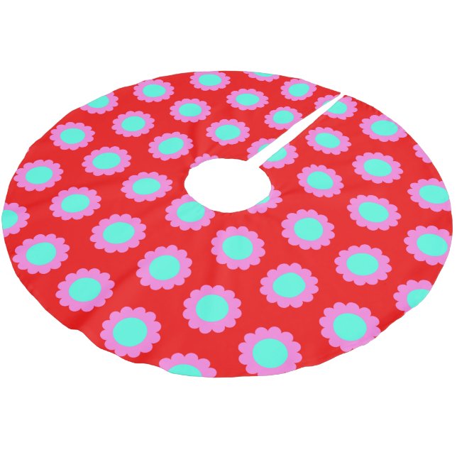 Retro Red Pop Flower Pattern Mod 60s Boho Style Brushed Polyester Tree Skirt (Angled)