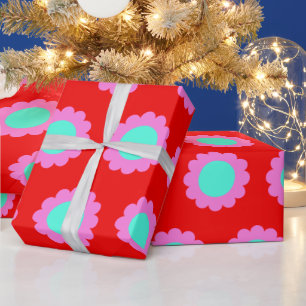 Retro Red Pop Flower Pattern Mod 60s Boho Style Wrapping Paper