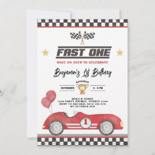 Retro Red Race Car 1st Birthday Invitation