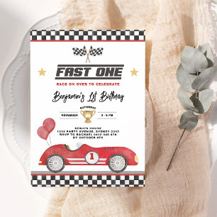 Retro Red Race Car 1st Birthday Invitation