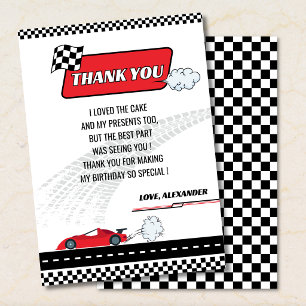 Retro red race car boy birthday party thank you card
