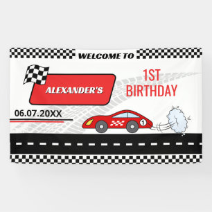 Retro red race car boy fast one boy 1st birthday banner