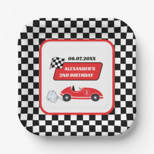 Retro red race car racing boy 2nd birthday  paper plate