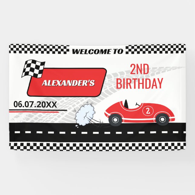 Retro red race car two fast boy 2nd birthday  banner (Horizontal)