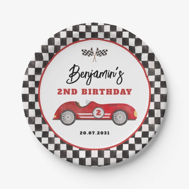Retro Red Race Car Two Fast Boy Birthday Paper Plate (Front)