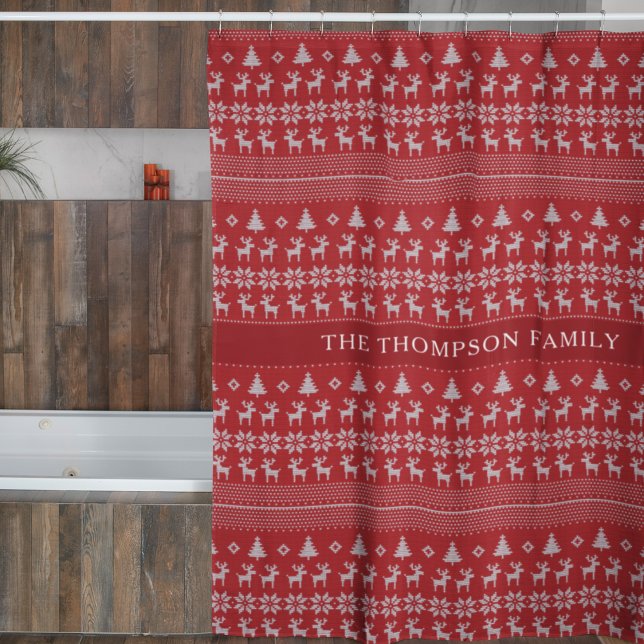 Retro Red Reindeer Monogram Nostalgic Christmas Shower Curtain (Creator Uploaded)