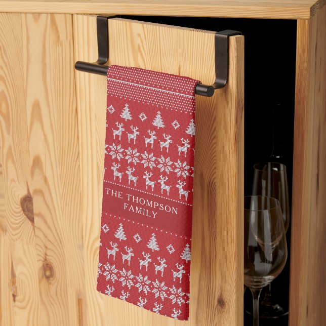 Retro Red Reindeer Monogram Nostalgic Christmas Tea Towel (Thirds Fold)