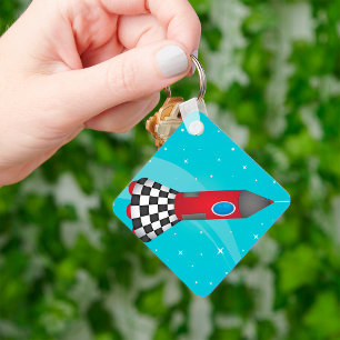 Retro Red Rocket Ship in Space Galactic Key Ring