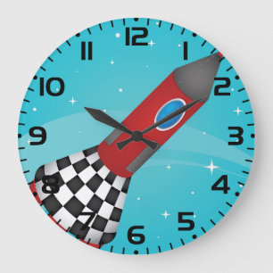 Retro Red Rocket Ship in Space Galactic Large Clock