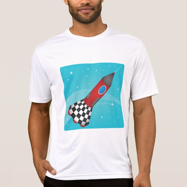 Retro Red Rocket Ship in Space Galactic T-Shirt (Front)