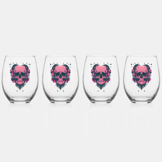 Retro Red Rose Black Heart Skull Stemless Wine Glass