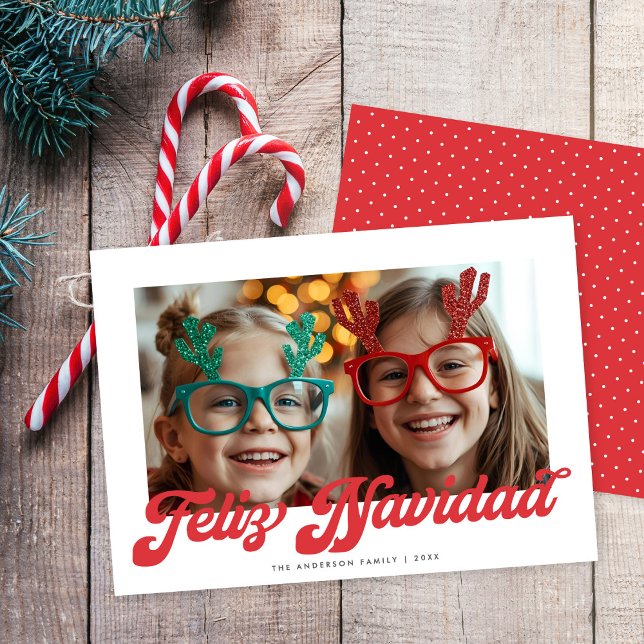Retro Red Script Feliz Navidad One Photo Holiday Card (Creator Uploaded)