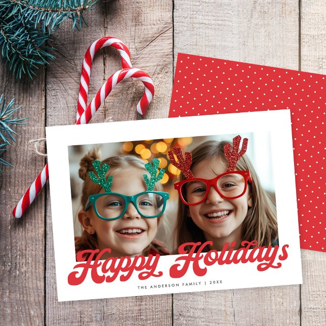 Retro Red Script Happy Holidays One Photo Holiday Card (Creator Uploaded)