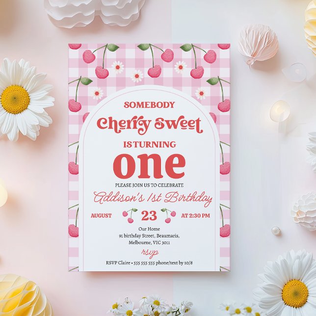 Retro Red Someone Cherry Sweet Birthday Invitation (Modern Cherry Sweet Birthday Invitation Template, Retro Arch Cherry Birthday Invitation for Girl)