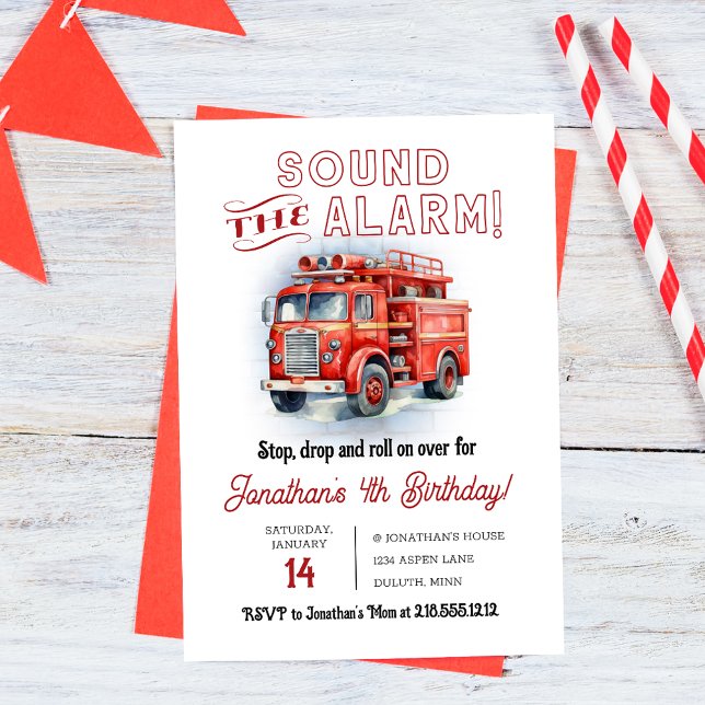 Retro Red Sound the Alarm Fire Truck Birthday Invitation (Creator Uploaded)
