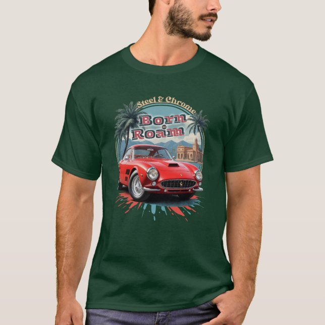 Retro Red Sports Car in Circular Illustration T-Shirt (Front)