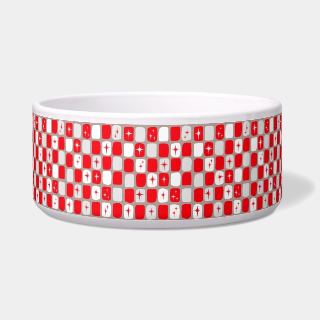 Retro Red Starbursts Ceramic Dog Bowl (Front)