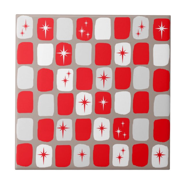 Retro Red Starbursts Ceramic Tile (Front)