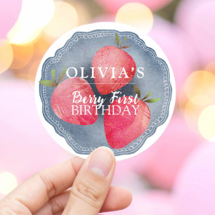Retro red Strawberry Berry First Birthday  Classic Round Sticker