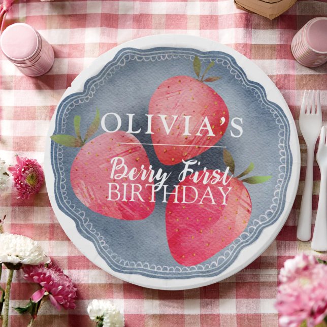Retro red Strawberry Berry First Birthday  Paper Plate (Creator Uploaded)