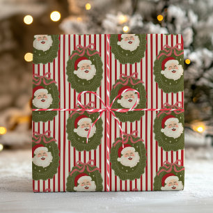 Retro Red Stripes Funny Santa Face Christmas Toile Wrapping Paper