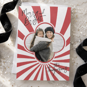 Retro Red Sunburst Merry & Bright Photo Holiday Card