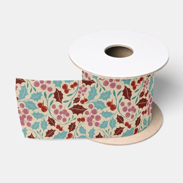 Retro Red Teal Christmas Floral Pattern Satin Ribbon (Spool)