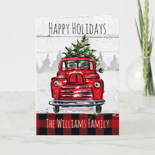 Retro Red Truck and Tree Folded Greeting Card
