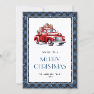 Retro Red Truck Blue Plaid Merry Christmas Card